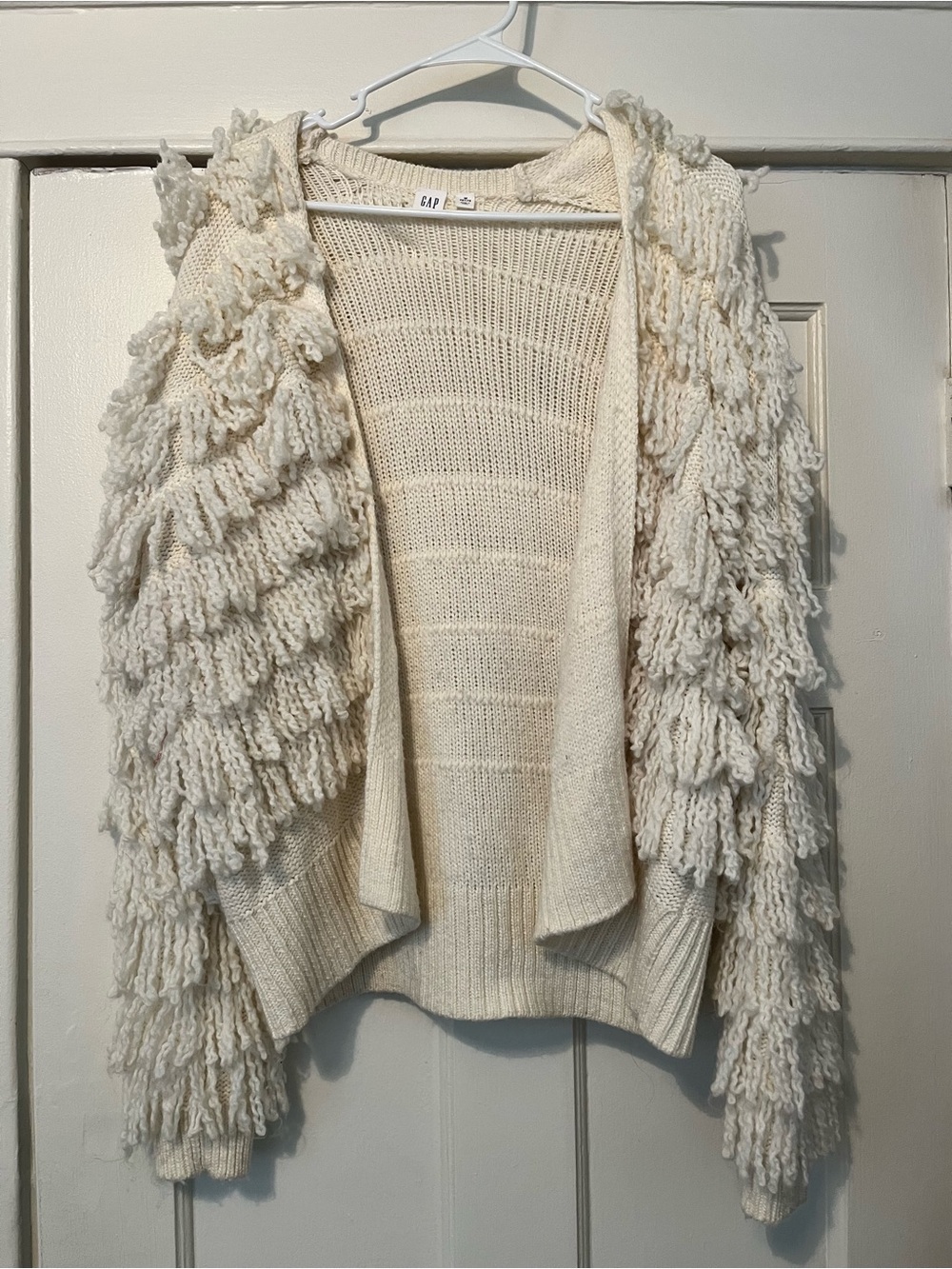 GAP Cream Open-Front Fringe Loop Cardigan